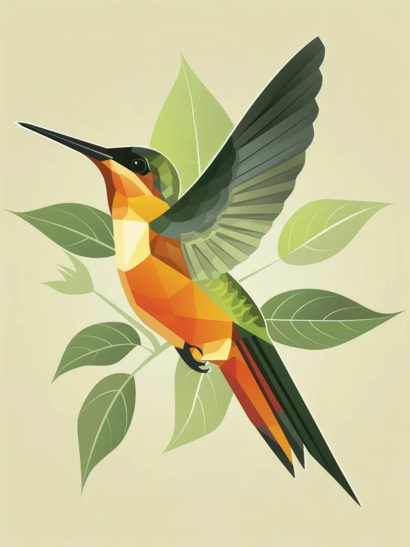 hummingbird in mid-flight with green leaves backlit film by DesignDoodle