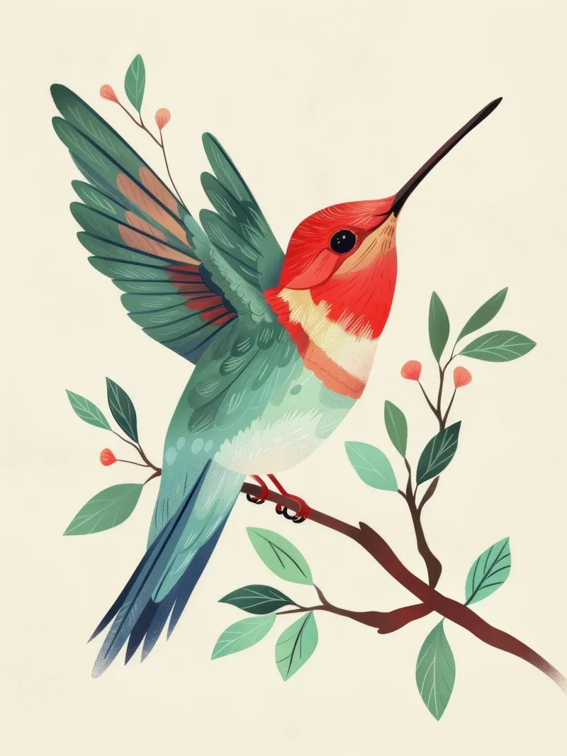 Bunter Kolibri auf einem Zweig mit Blättern sitzend Hahnemühle von DesignDoodle