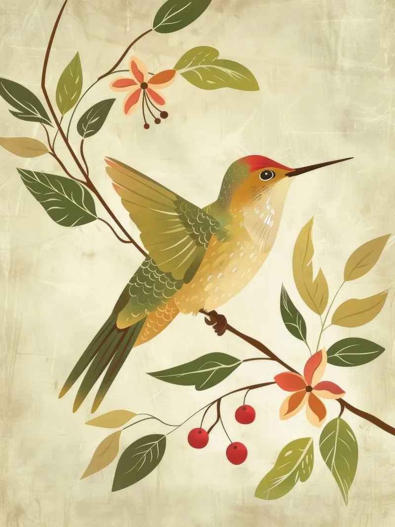 Colibrì appollaiato su un ramo con foglie e fiori pellicola backlit da DesignDoodle