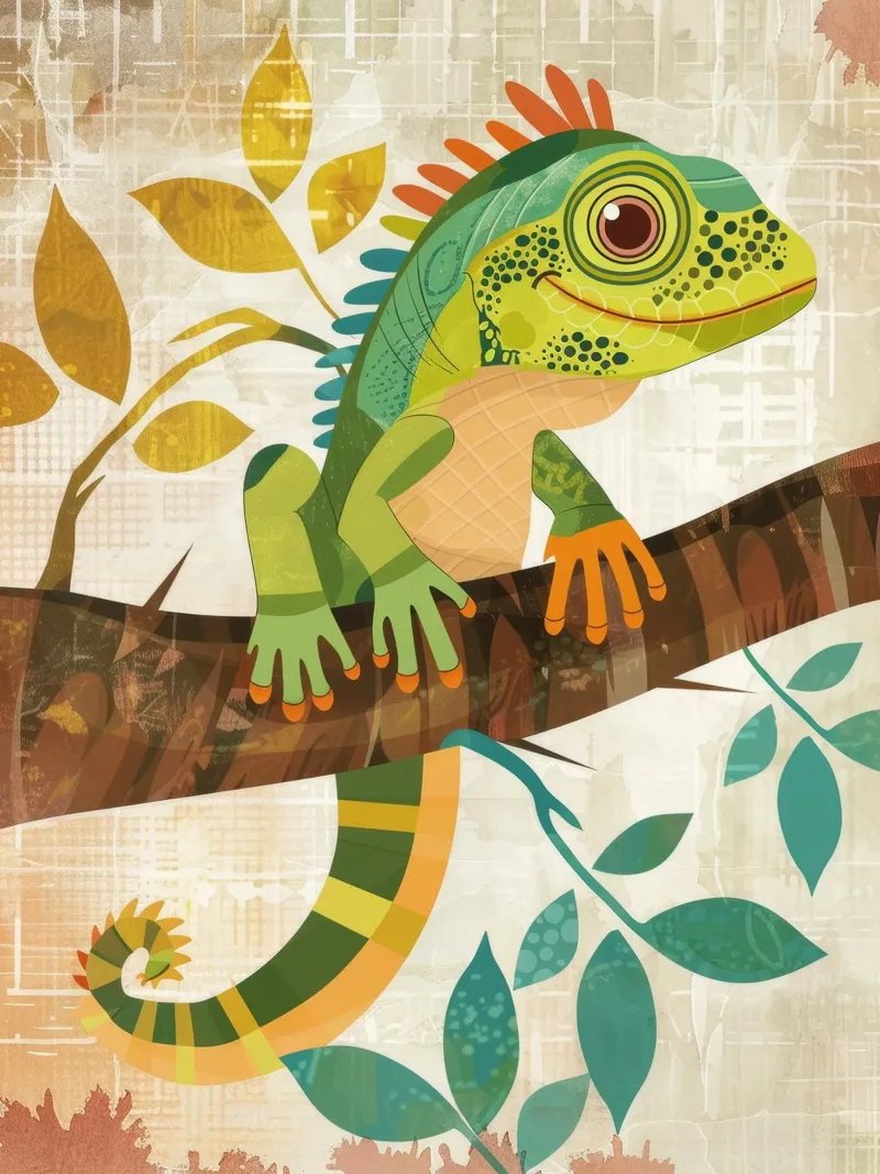 Lizard resting on a branch surrounded by leaves in a stylize canvas by DesignDoodle