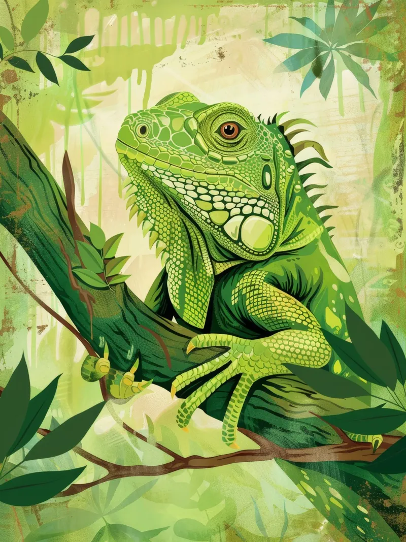 Green iguana resting on a branch surrounded by leaves canvas by DesignDoodle
