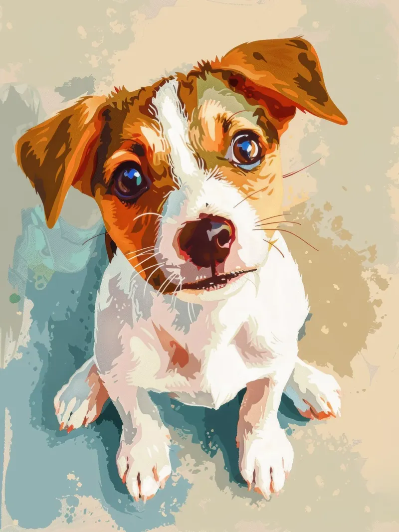Cute puppy with expressive eyes sitting on light background canvas by DesignDoodle