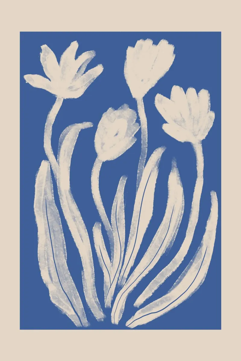 Audace floreale astratto blu e bianco pellicola backlit da Melloi Art Print
