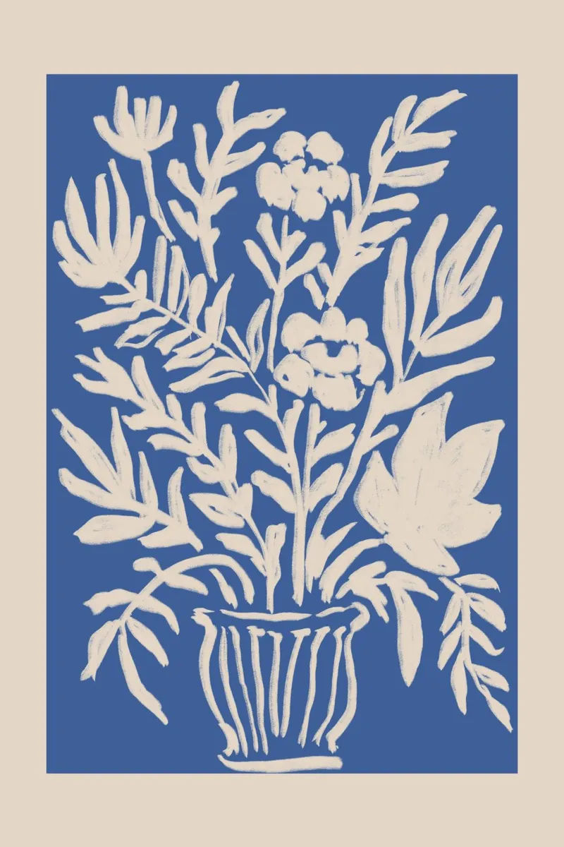 Abstrakte blaue & beige Blumenvase Kunstwerk Poster von Melloi Art Print