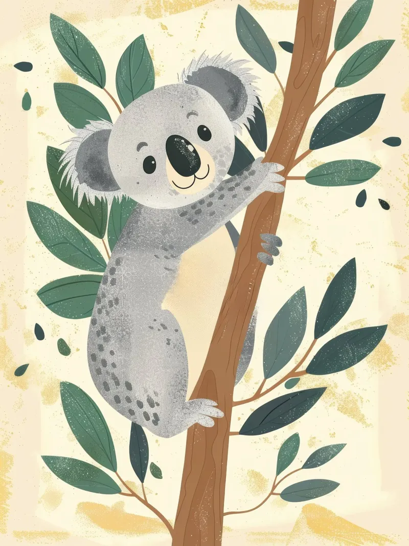 Simpático koala trepando a un árbol de hojas verdes en tono claro metacrilato de DesignDoodle