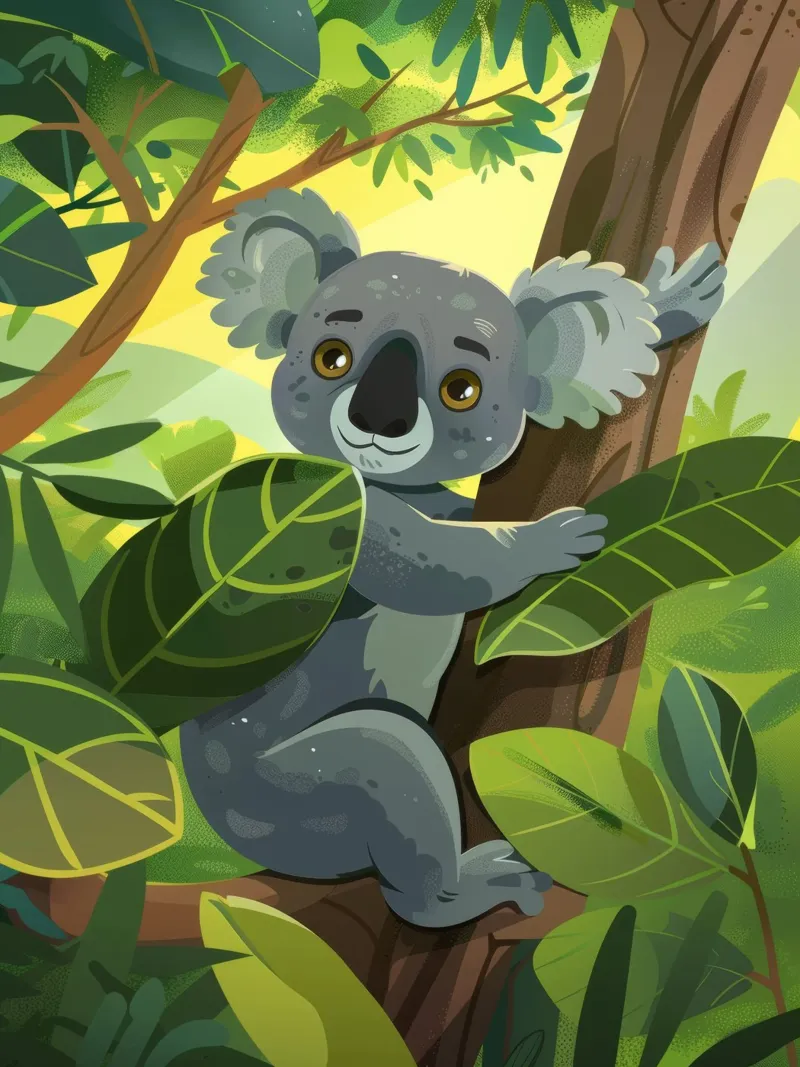 Koala climbing a tree in a lush forest landscape during the canvas by DesignDoodle