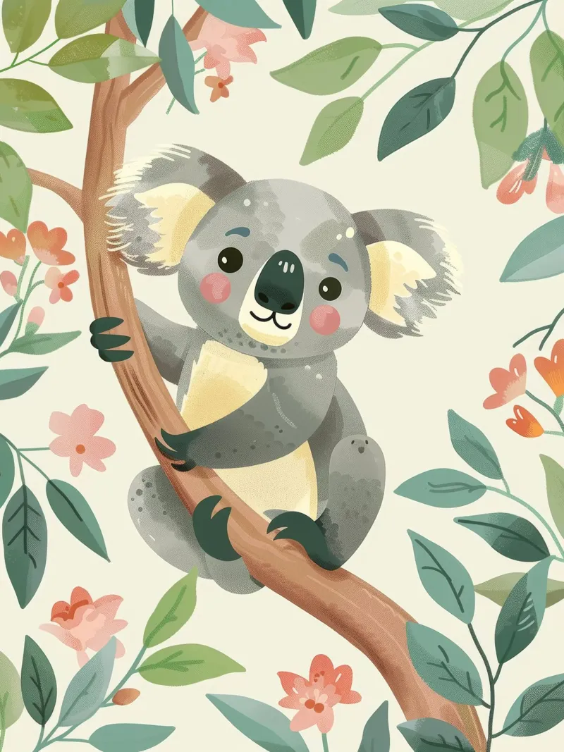 Cute koala resting on a tree branch surrounded by leaves canvas by DesignDoodle