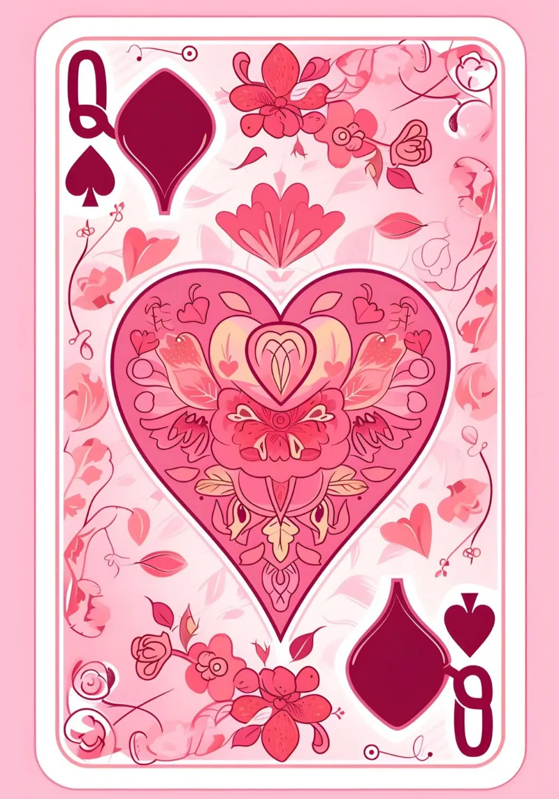 Harten Koningin Speelkaart - Roze Bloemsierkunst canvas met Baklijst van homdeco