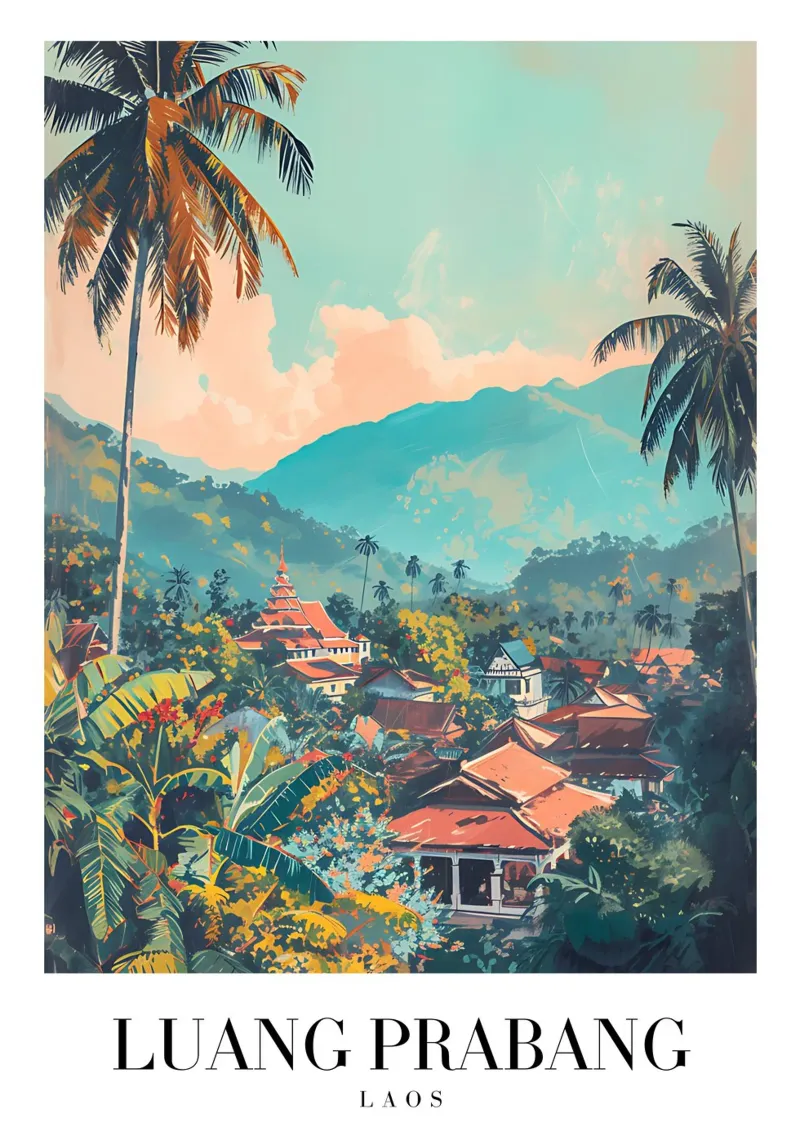Vista panoramica di Luang Prabang - Tempio e palme del Laos poster da homdeco