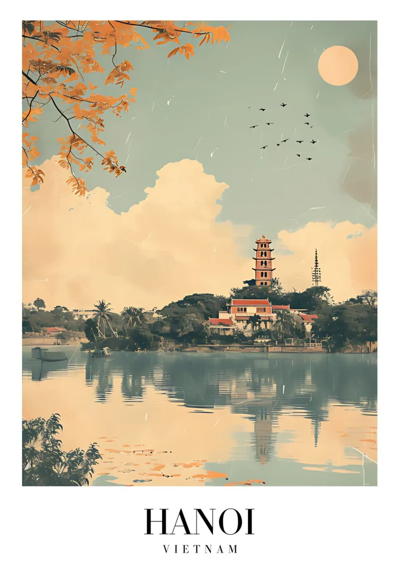Hanoi meer & pagode - Vietnam Reiskunst canvas met Baklijst van homdeco