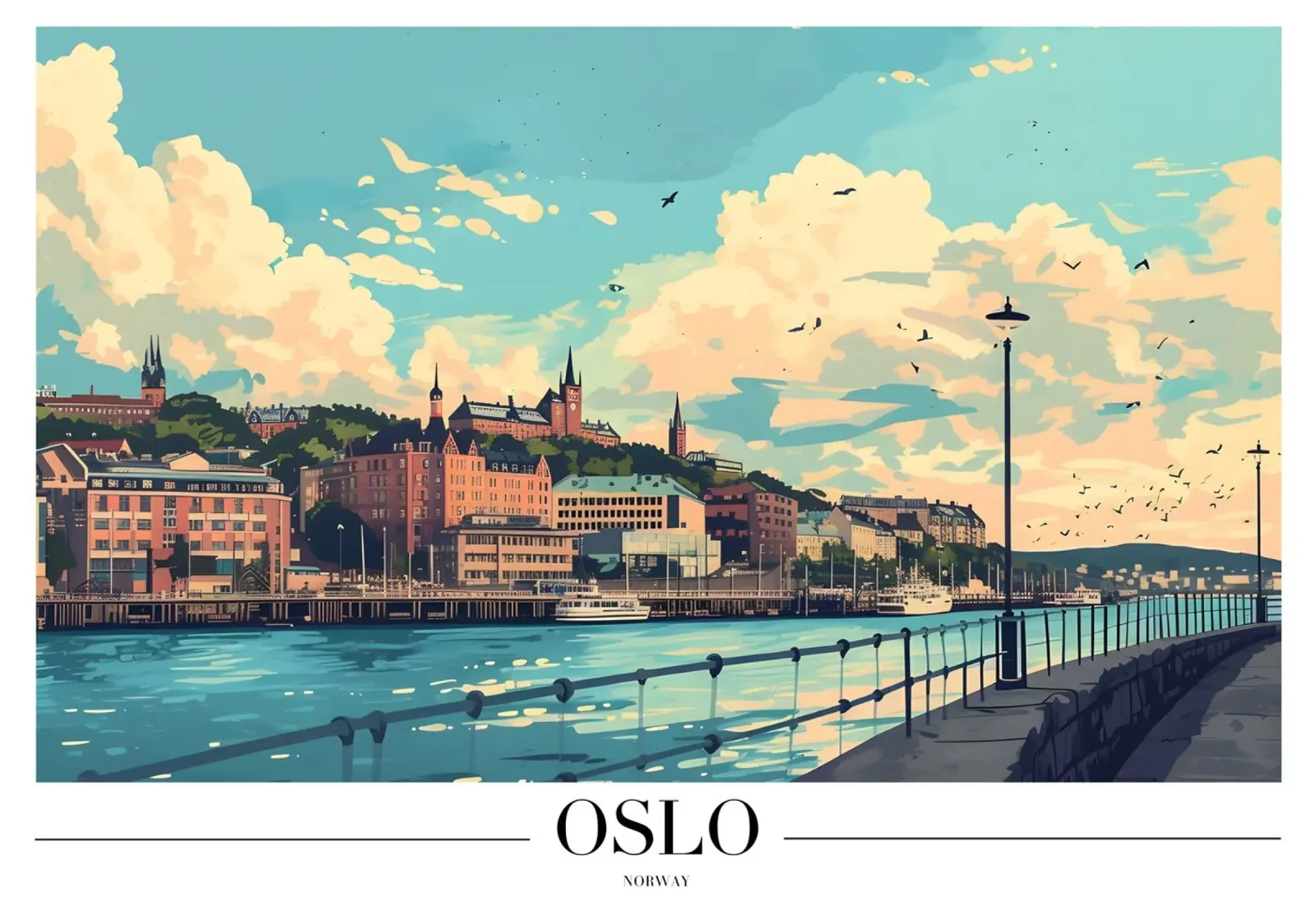 Paesaggio urbano sul lungomare di Oslo - Norvegia Arte da viaggio poster con telaio in plastica da homdeco