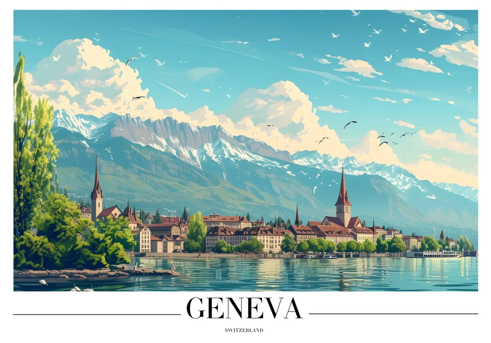 Lago di Ginevra e Alpi - Svizzera Cityscape Art poster con telaio in alluminio da homdeco