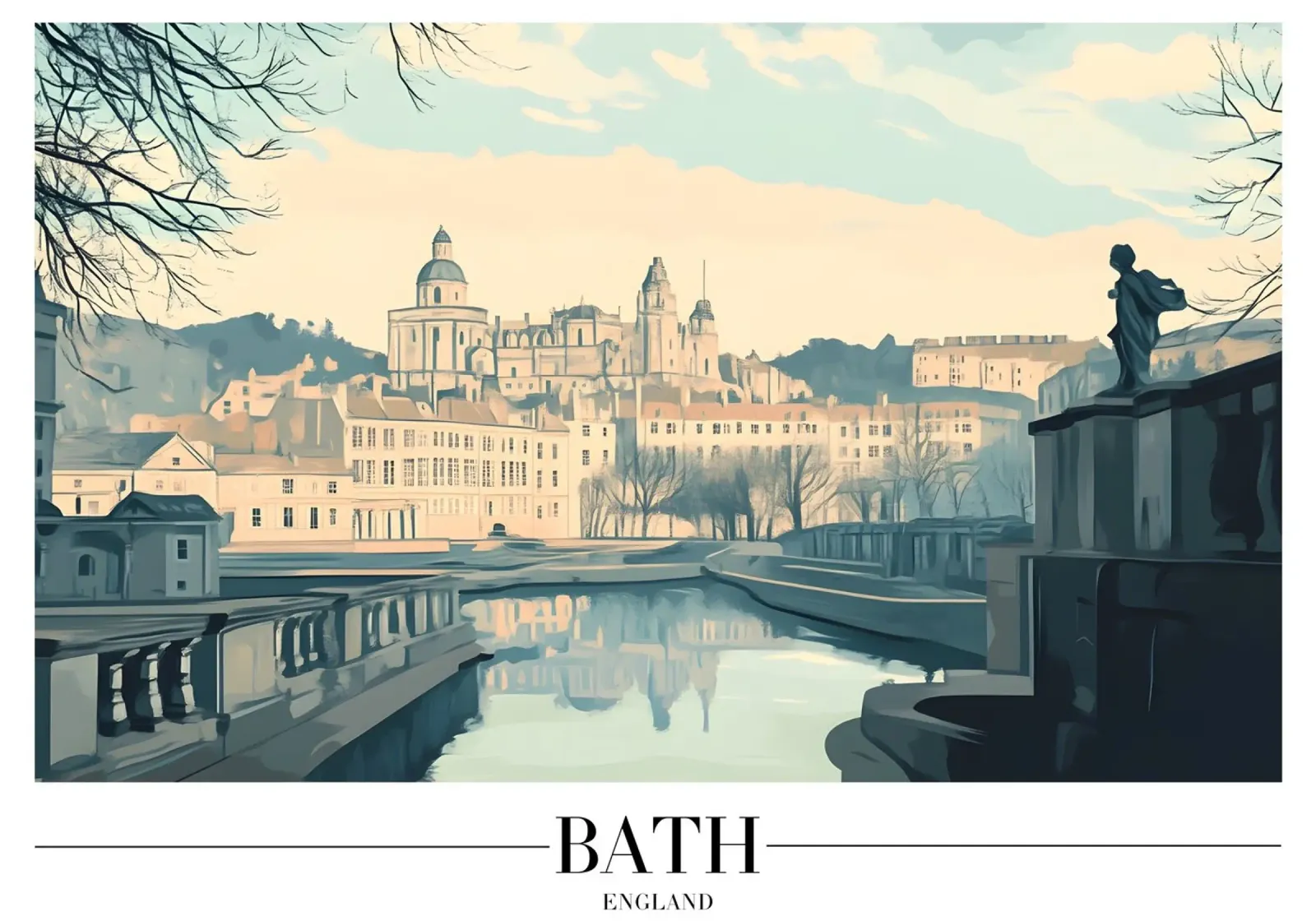 Paesaggio urbano di Bath e fiume Avon - Arte da viaggio in Inghilterra tela con Cornice a cassetta da homdeco
