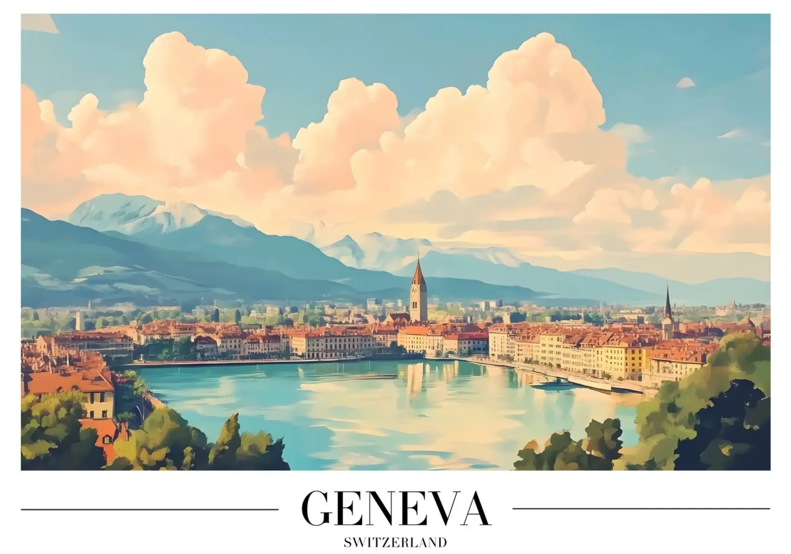 Meer van Genève & Skyline - Zwitserland Stadsgezicht Kunst canvas met Baklijst van homdeco