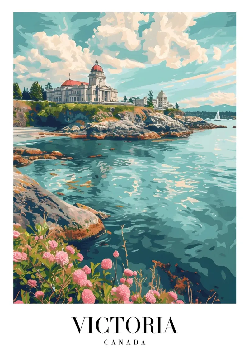 Victoria BC Parlement & Kustlijn Kunstdruk canvas met Baklijst van homdeco