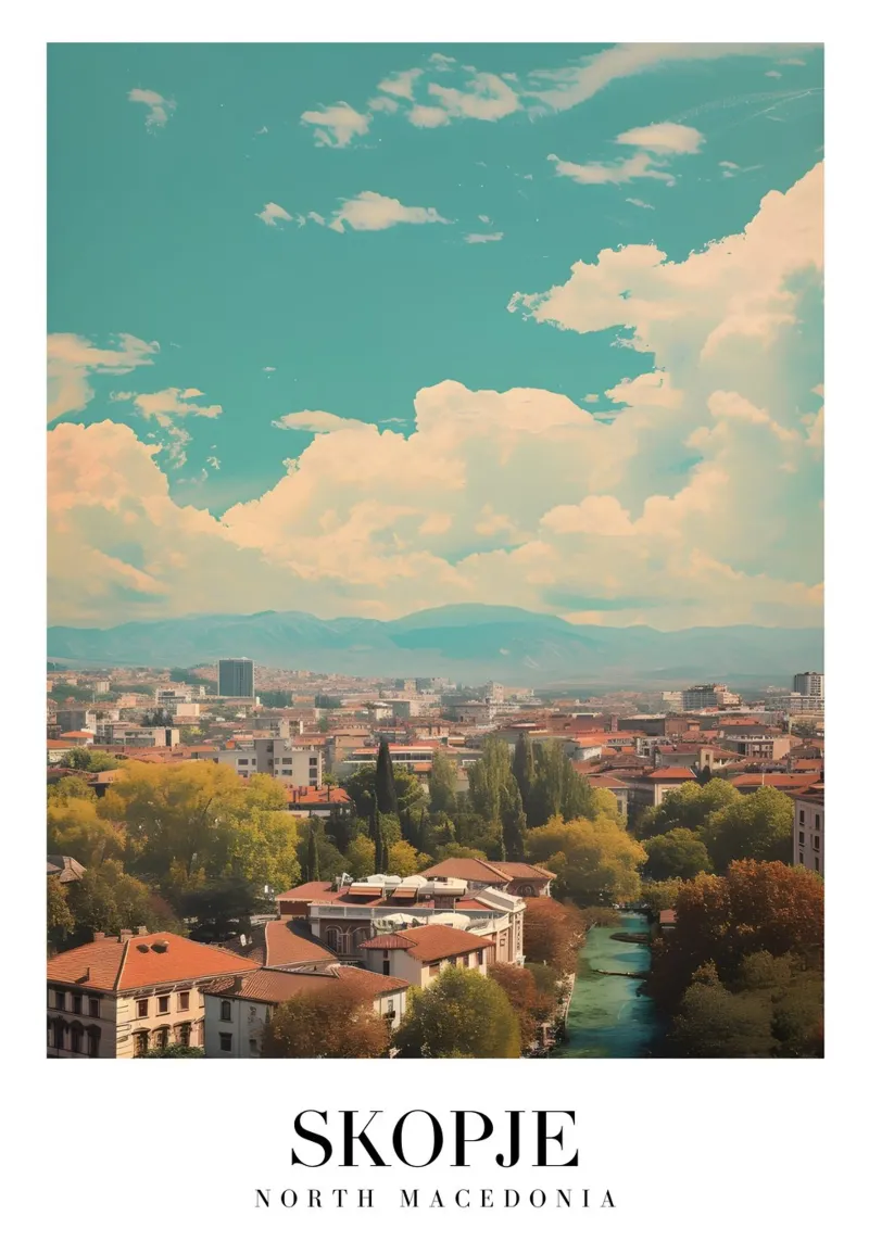 Skopje Noord-Macedonië Stadsgezicht Vardar rivier Art Print canvas met Baklijst van homdeco