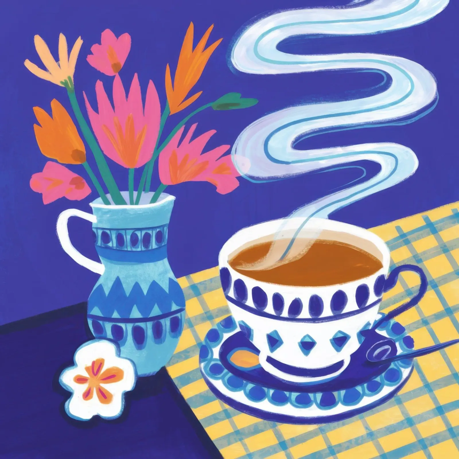 Caffè a scacchi in fiore poster con telaio in alluminio da Monuments Fire