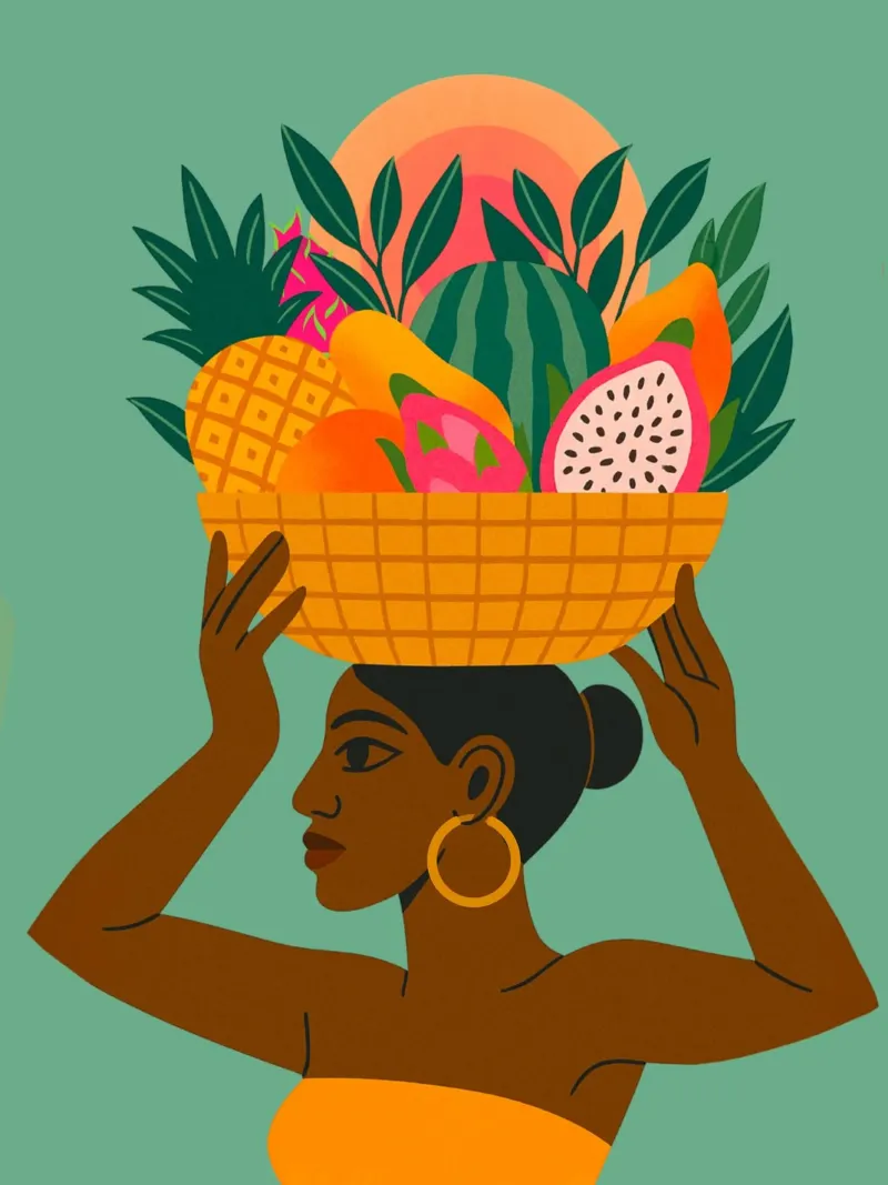 Exotic fruit Basket Lady poster con telaio in plastica da Taika Tori Art