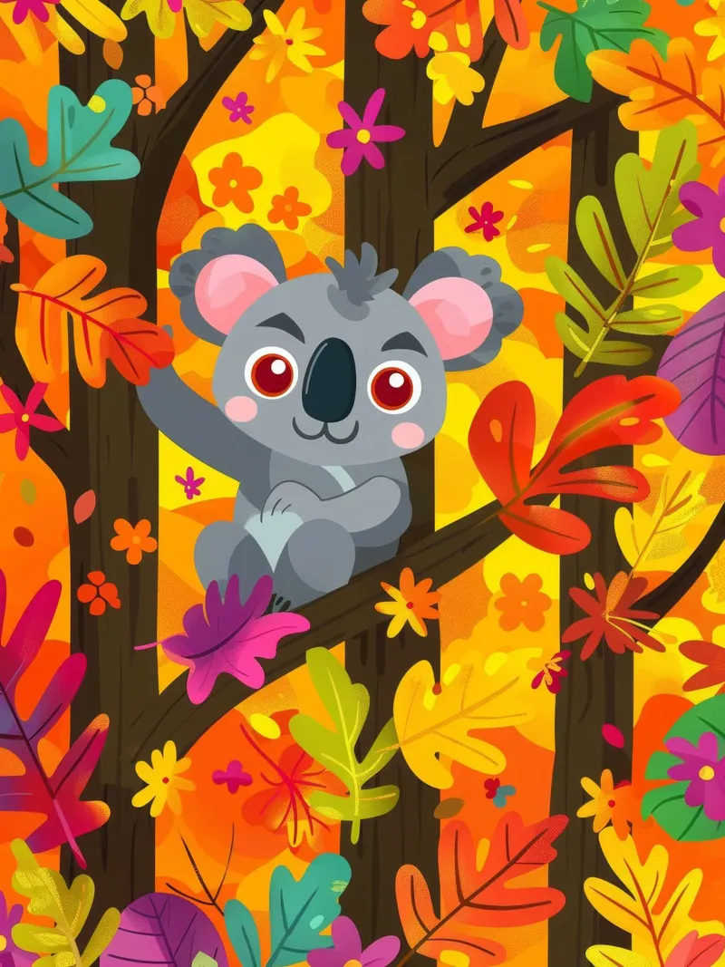 Koala seduto su un albero circondato da foglie autunnali pellicola backlit da DesignDoodle