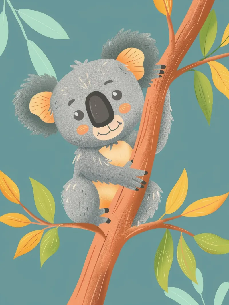 Cute koala resting on a branch surrounded by leafy greenery hahnemühle by DesignDoodle