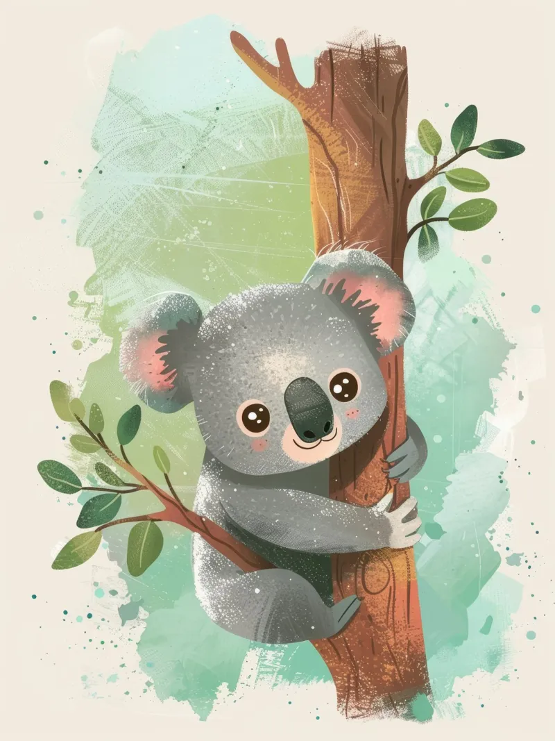 Mignon koala grimpant à un arbre dans une œuvre d'art fantaisiste hahnemühle de DesignDoodle