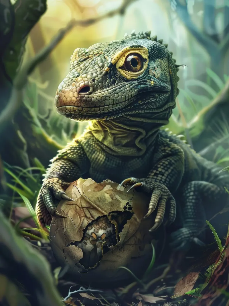 Komodo hatching from egg in a dense forest environment hahnemühle by DesignDoodle