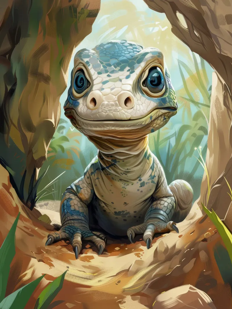 Komodo émergeant d'un abri rocheux dans un habitat verdoyant hahnemühle de DesignDoodle