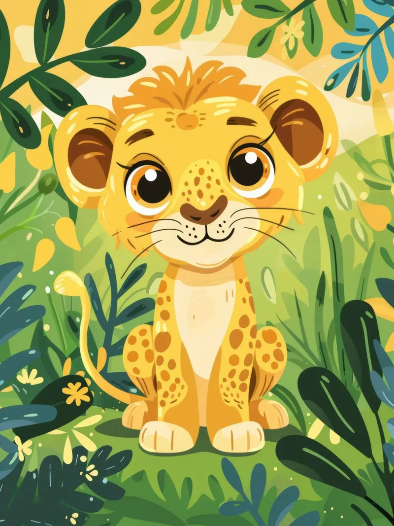 Schattig jong leeuwenwelpje omringd door weelderig groen gebladerte canvas van DesignDoodle