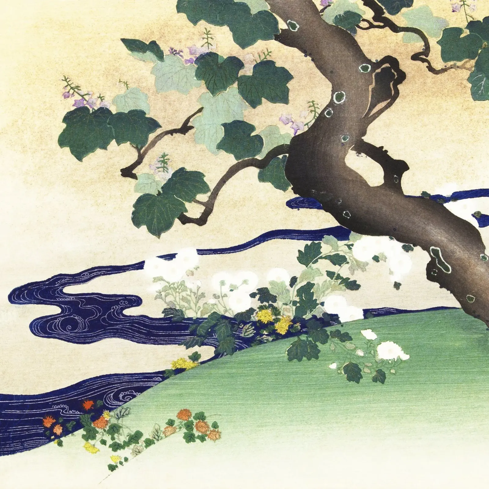 Albero e crisantemi (1890-1900) di Kogyo Tsukioka pellicola backlit da Venus Art