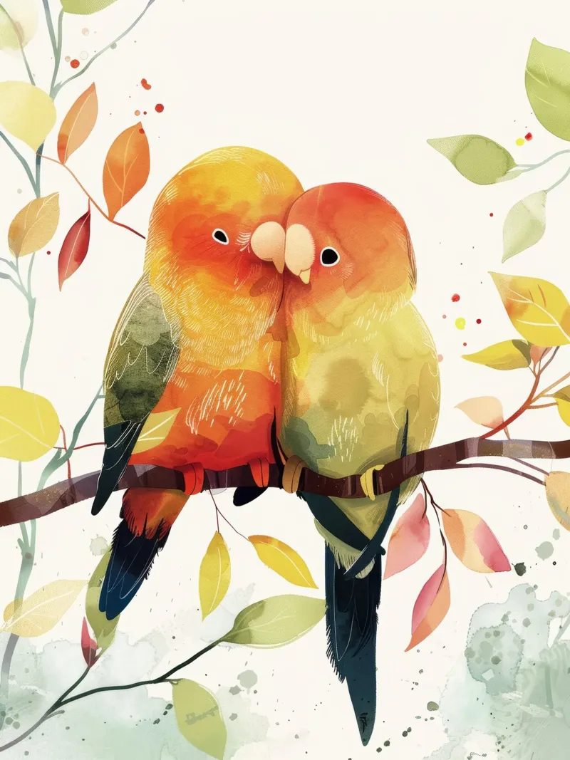 Inseparabili colorati appollaiati su un ramo, affetto in natura alluminio dibond da DesignDoodle