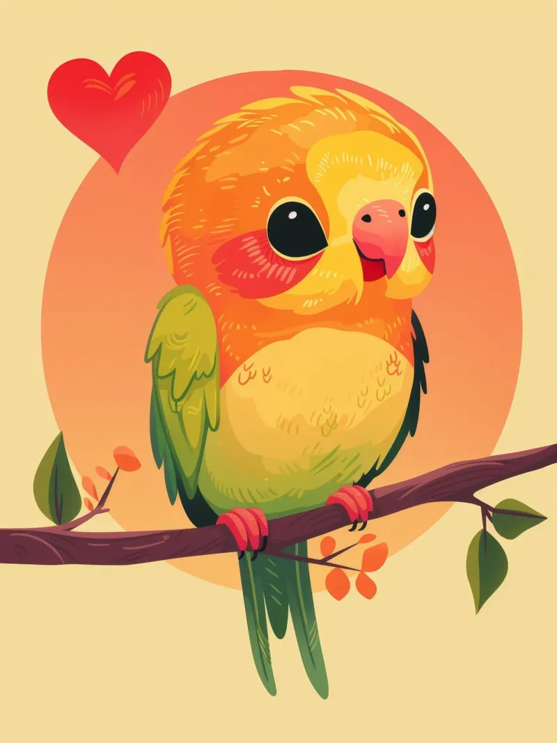 Cartone animato pappagallo carino su un ramo con cuore in background pellicola backlit da DesignDoodle