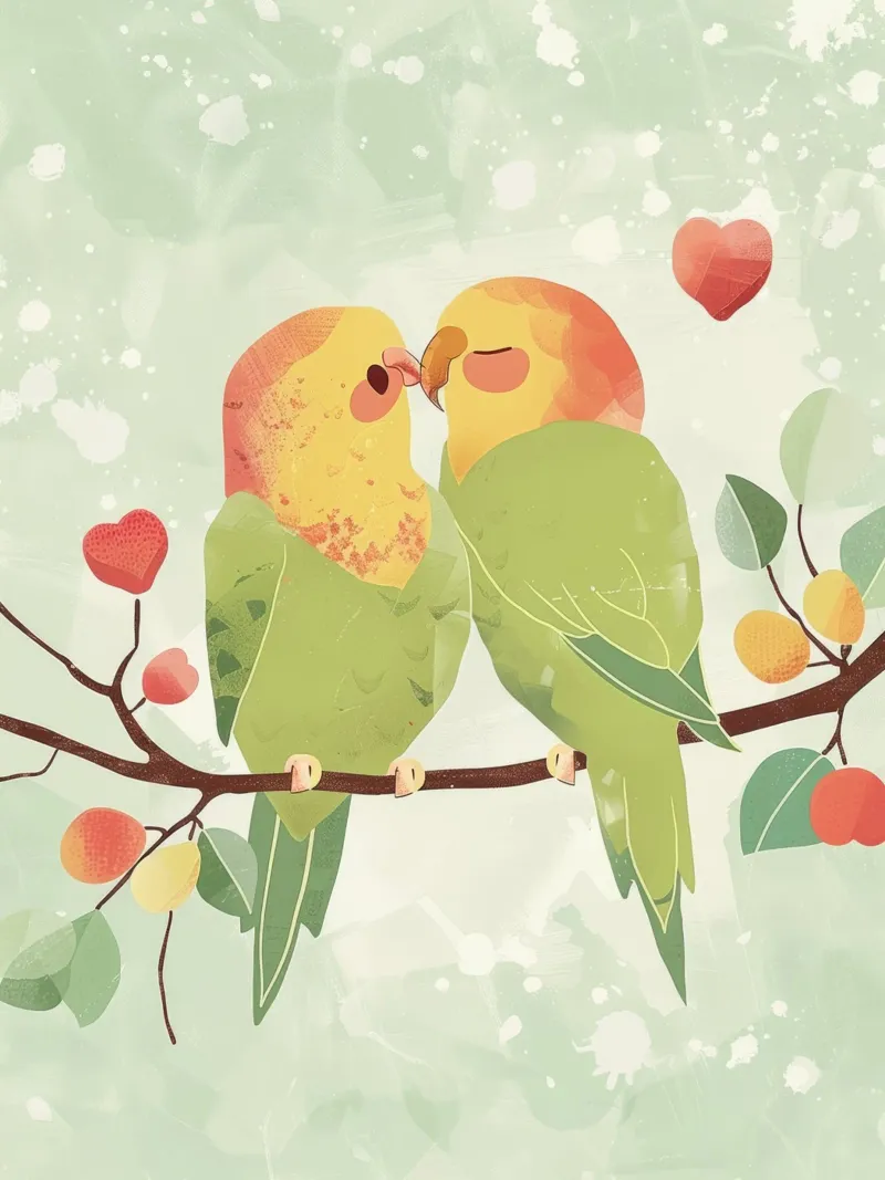 Two affectionate parakeets perched on a branch exchanging alu-dibond by DesignDoodle