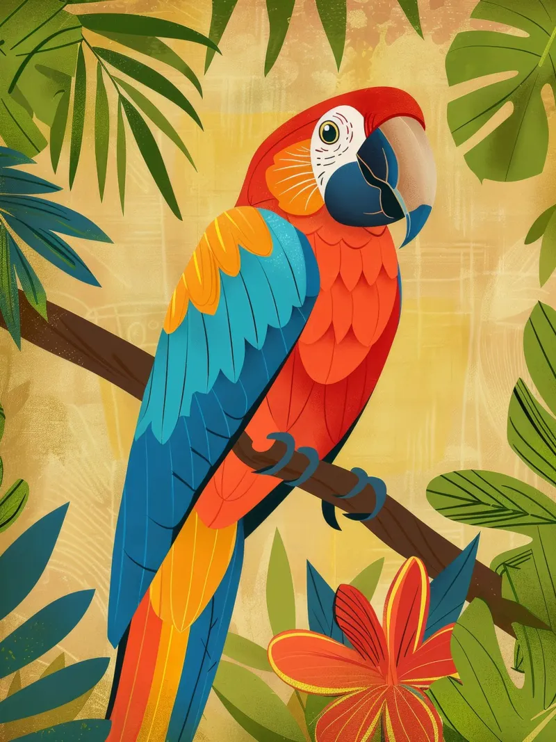 Ara variopinta appollaiata su un ramo circondata da piante tropicali pellicola backlit da DesignDoodle