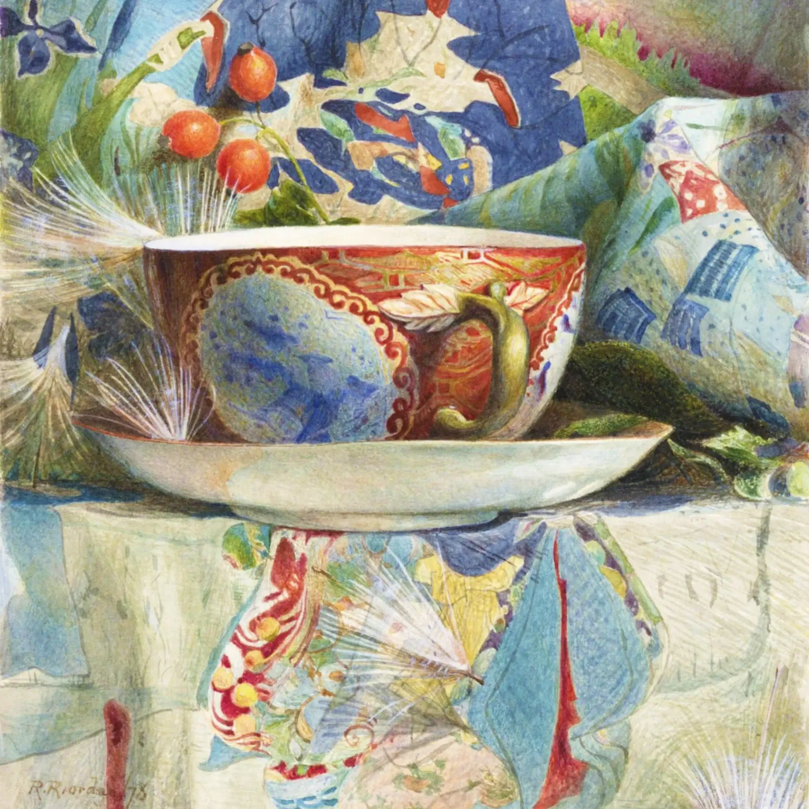 Natura morta con tazza da tè (1876) di Samuel Colman pellicola backlit da Venus Art