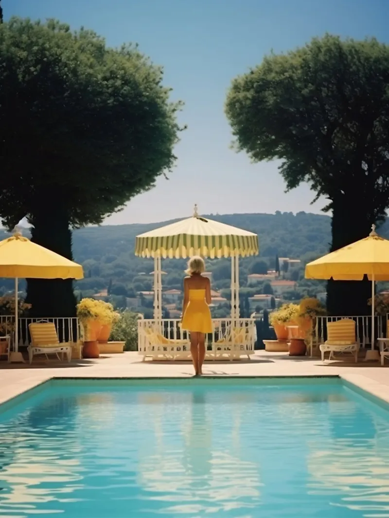 Slim Aarons, stile retrò anni '60, "Cannes Pool pellicola backlit da Mrs.Pamela