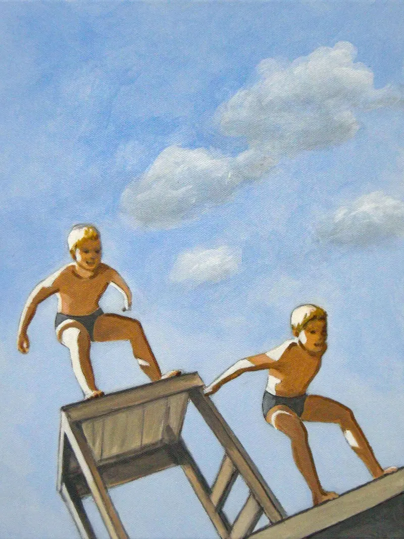 Zwei tauchende Jungen - Sarah Morrissette Leinwand mit Schattenfugenrahmen von Rachelwhell