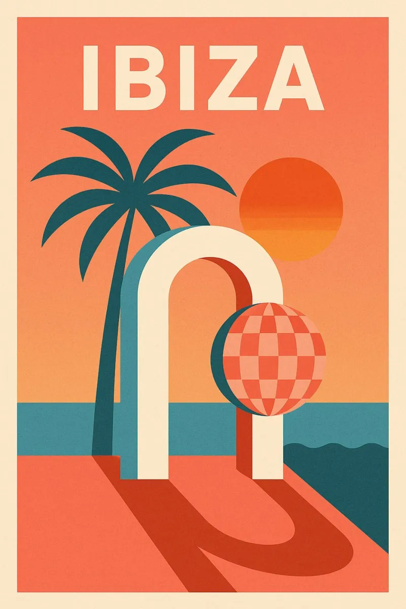 Ibiza - De zonsondergang danst weer poster met houten frame van JETLAG | affiches voyage