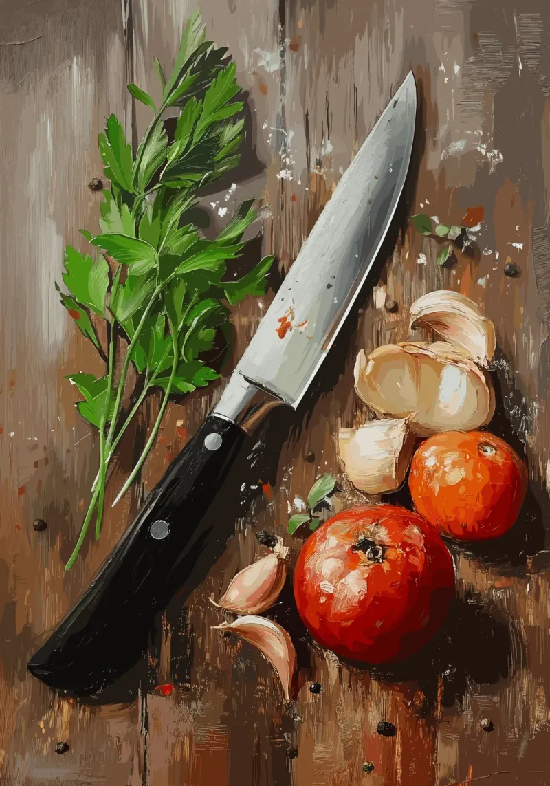 Natura morta in cucina con erbe e coltello carta hahnemühle da pixelbull - medieval art and more
