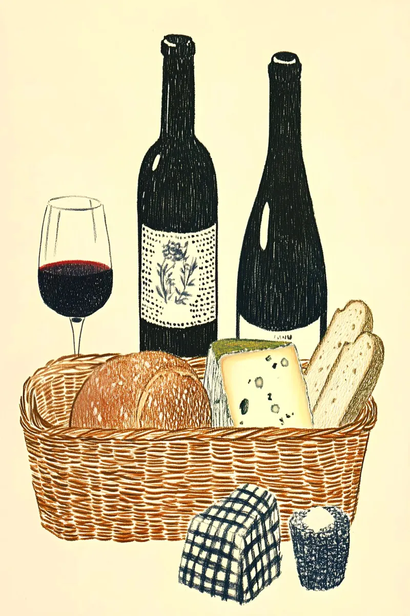 Picnic with bread, cheese and wine acrylic glass by Curious Canvas