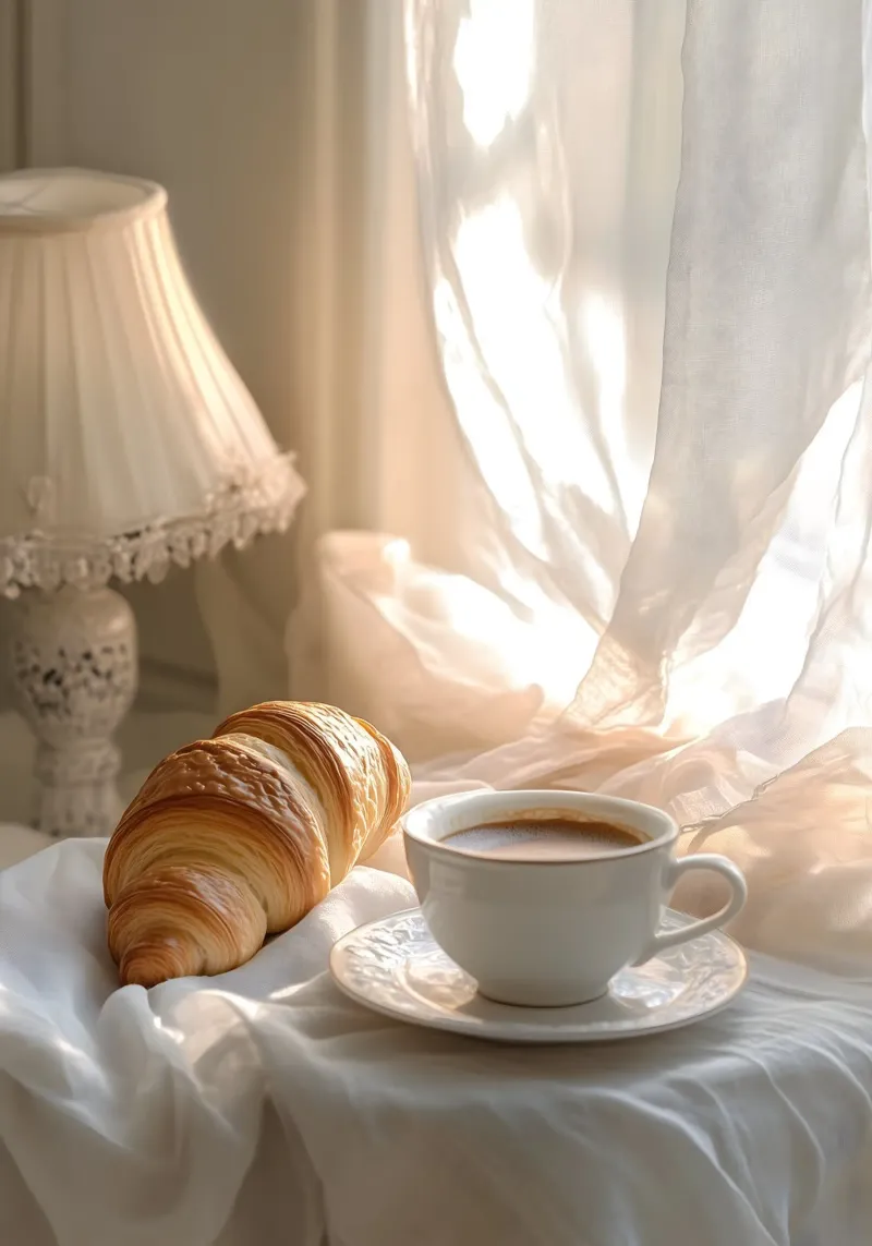 Idillio mattutino con croissant e caffè pellicola backlit da pixelbull - medieval art and more