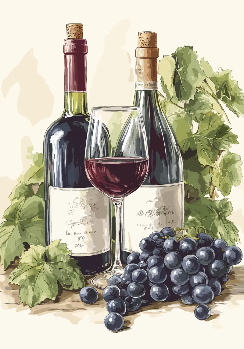Wine bottles and grapes in a still life canvas by pixelbull - medieval art and more