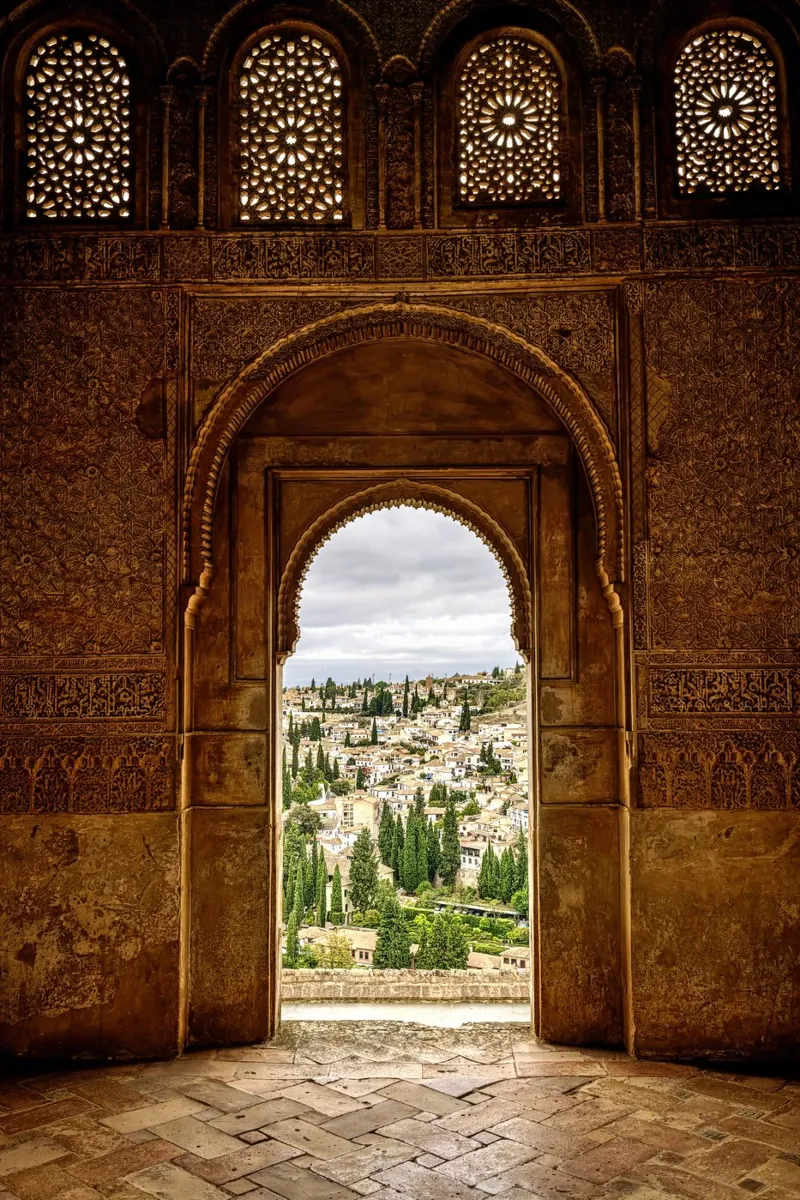Generalife garden view through Alhambra windows canvas by Bilderwelt - Kunst für die Wand