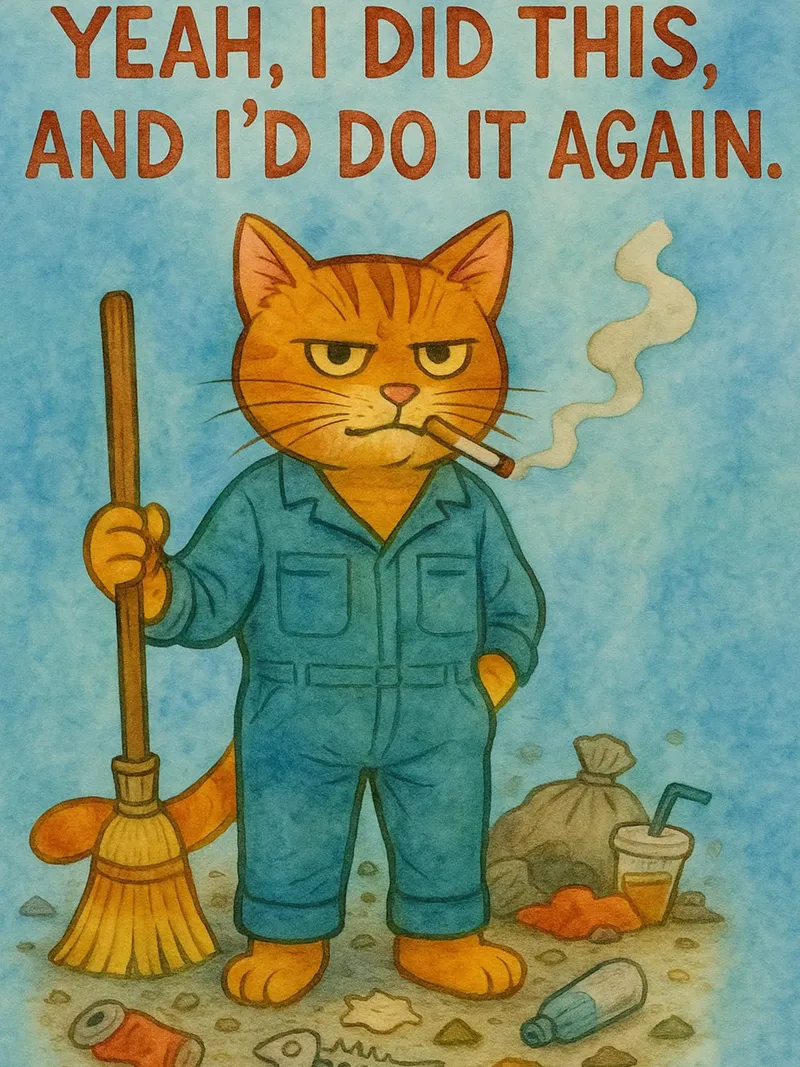 drôle de chat et de balai poster avec cadre en plastique de Mirage