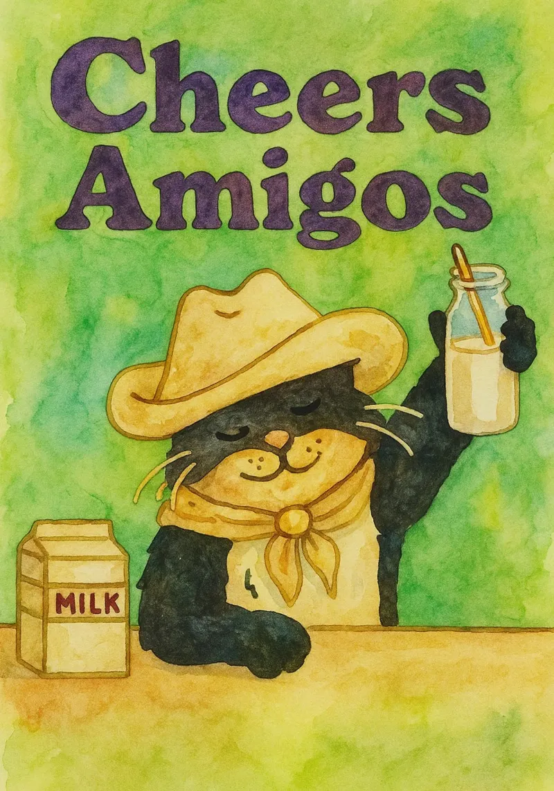 divertente gatto tifa latte amigos poster con telaio in alluminio da Mirage