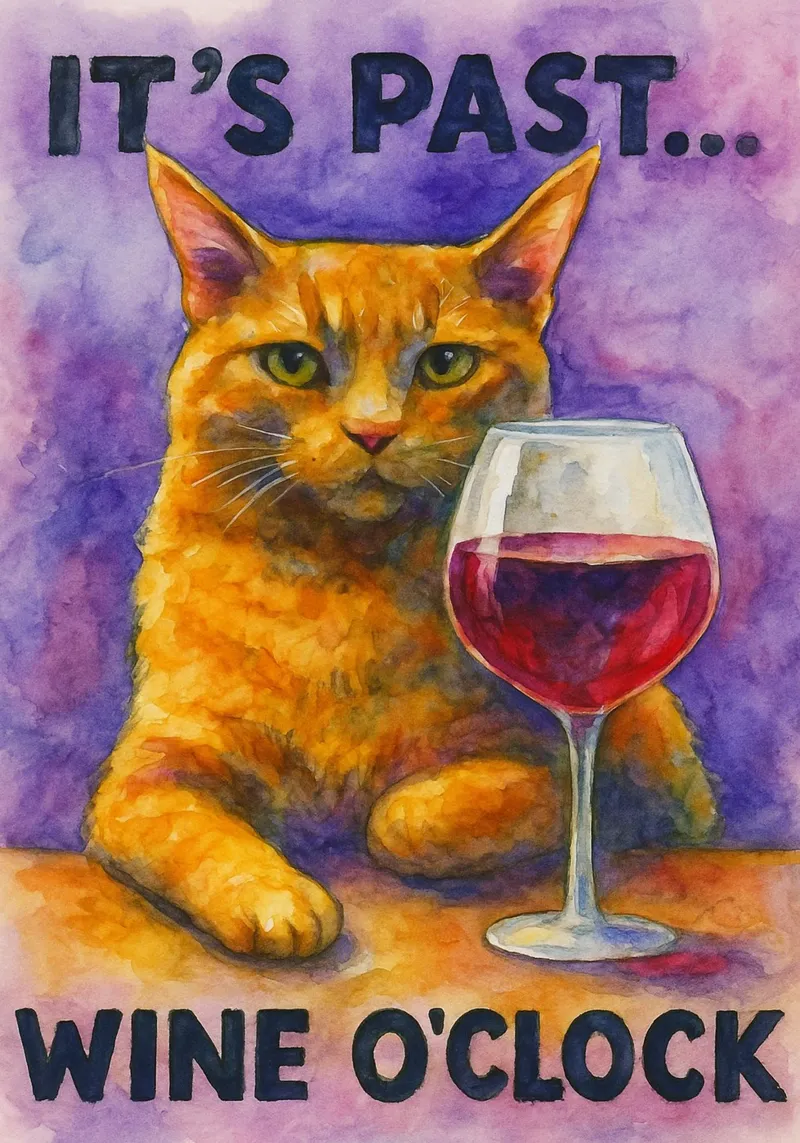 gatto divertente il suo vino è passato oclock poster da Mirage