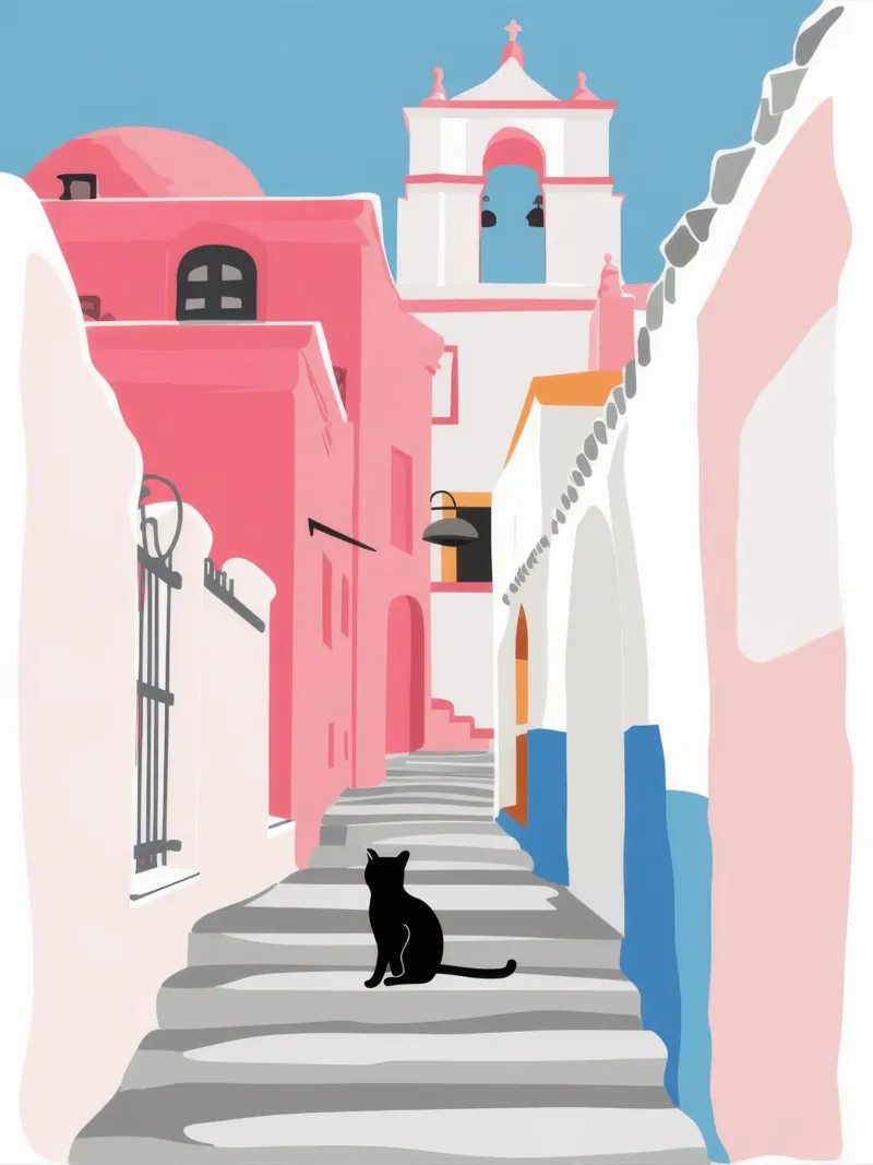 Un gatto in una strada rosa pannello forex da Mythy Brush