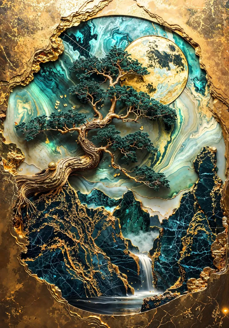 Golden Bonsai Sanctuary pellicola backlit da Pixaverse