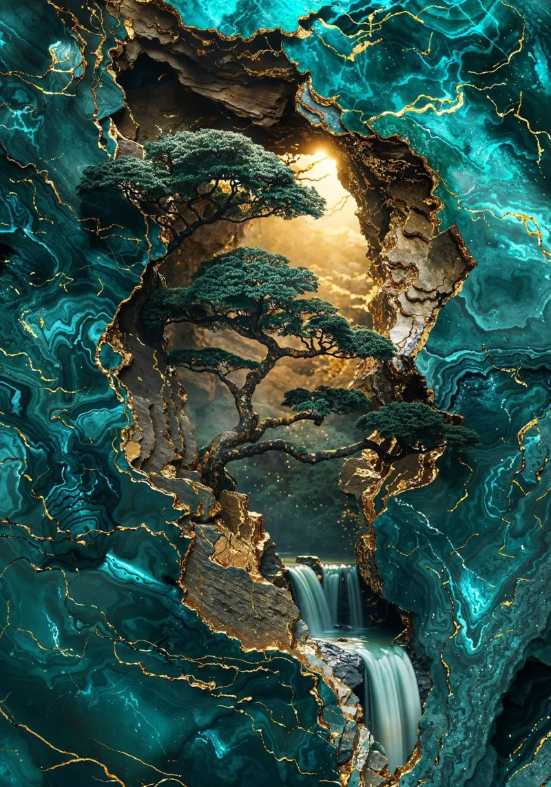 Golden Bonsai Falls Art pellicola backlit da Pixaverse