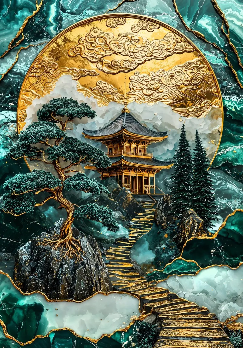 Kintsugi Mountain Shrine pellicola backlit da Pixaverse