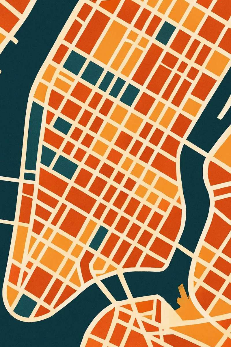 New York en Couleurs - Mappa grafica di Manhattan poster con telaio in alluminio da JETLAG | affiches voyage